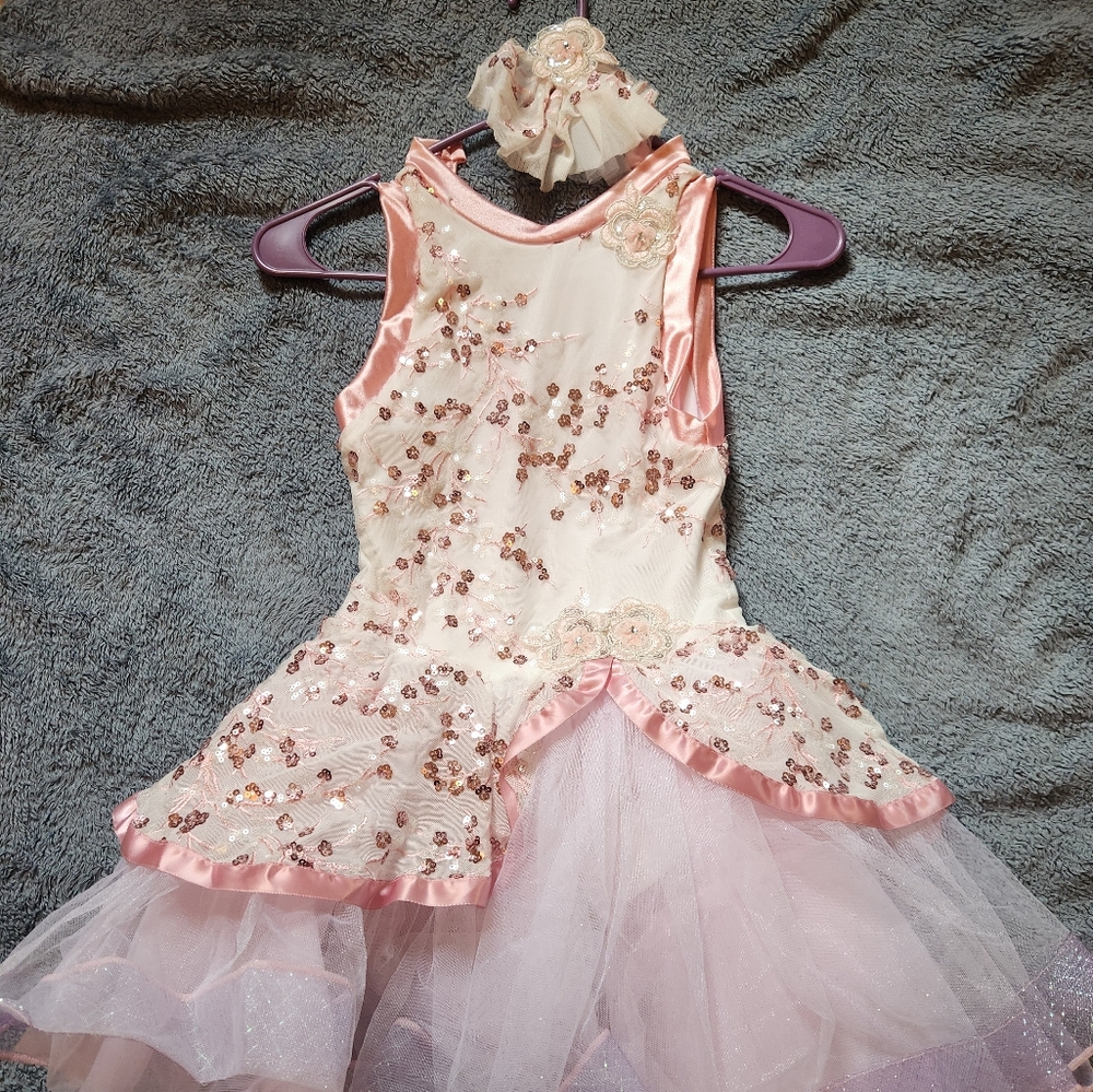 White and Pink Ballet Costume and Hair piece, Size 6.
